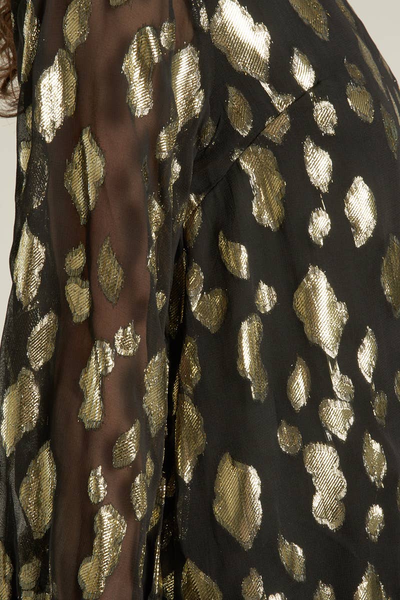 close up of black sleeve with sparkly gold dots