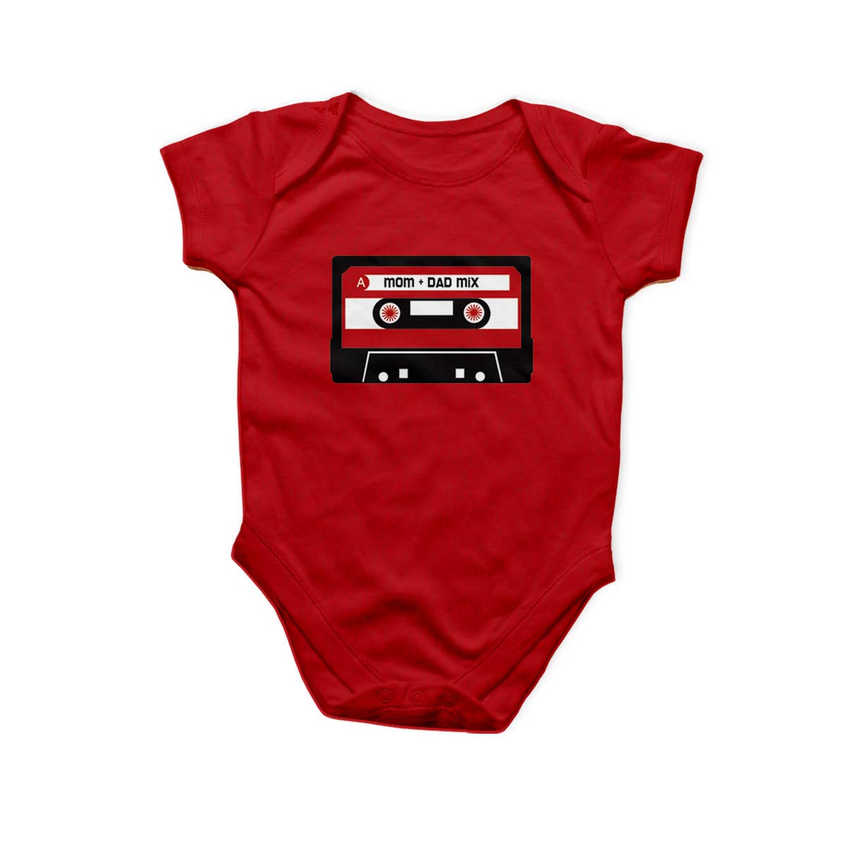 Red baby onesie with a cassette tape design on a white background