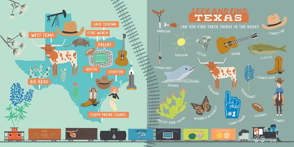Children's book titled 'All Aboard Texas' with colorful illustrations on a blue background