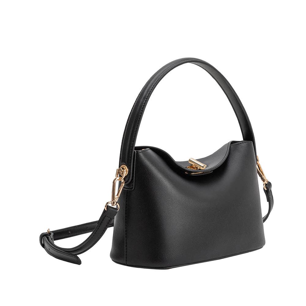 Black handbag with gold accents on a white background