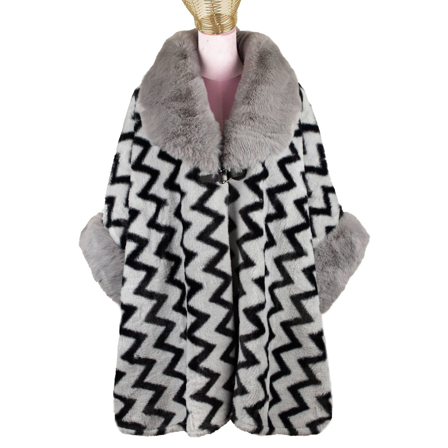 grey and black zigzag cardigan with an oversized faux fur cuff and collar