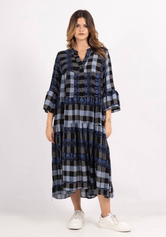 Pattern Cotton Dress - Navy