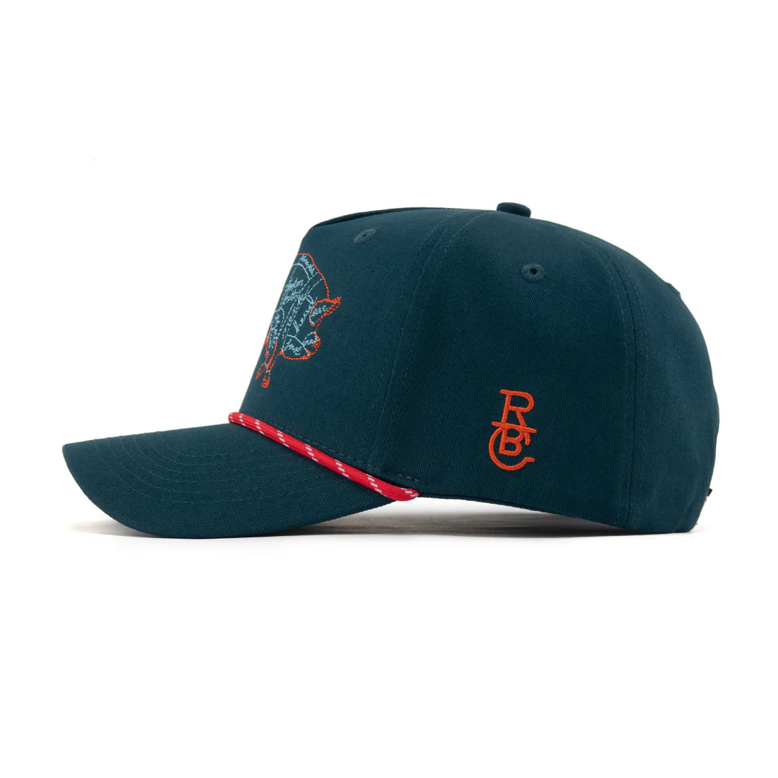 Dark blue cap with red and orange details on a white background
