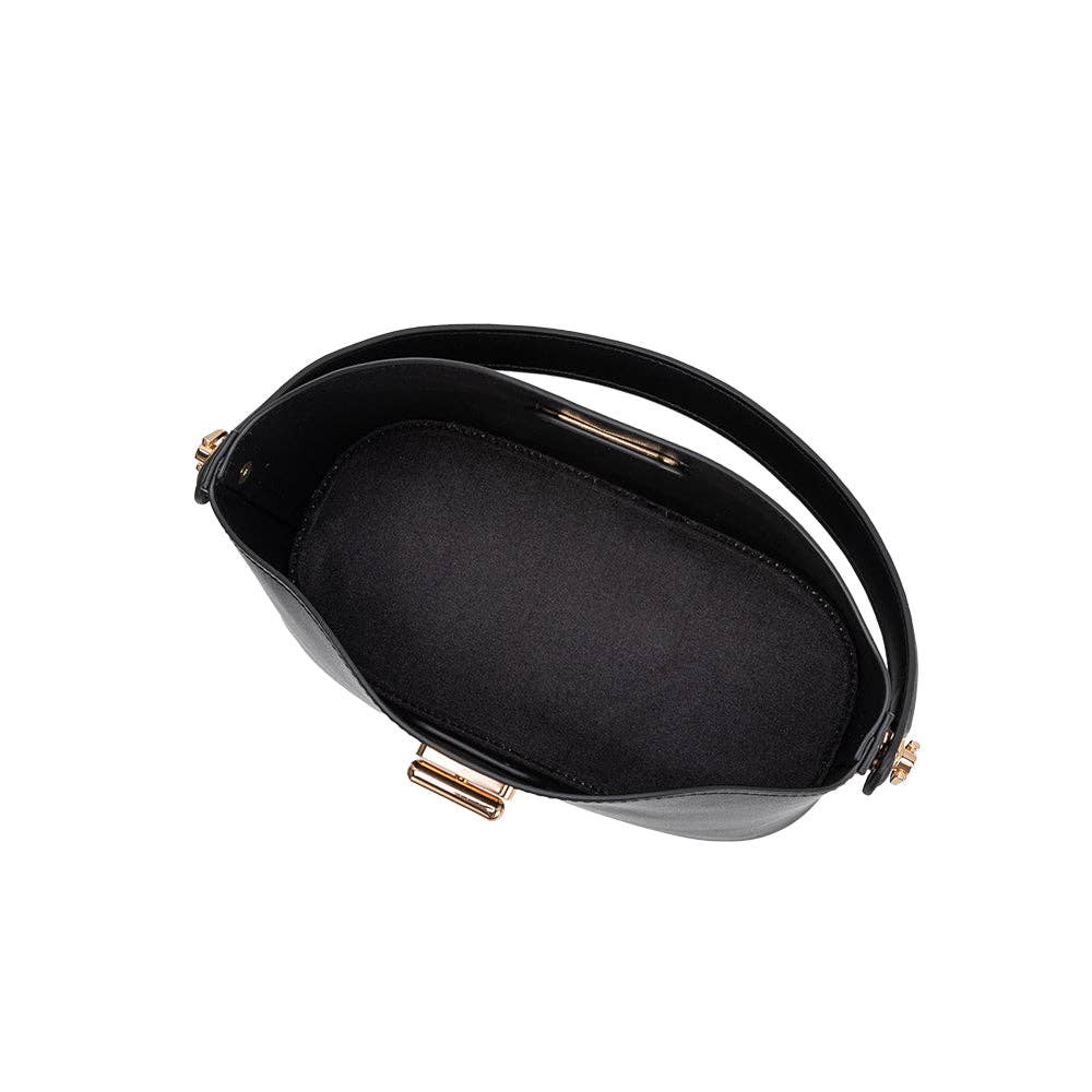 Black handbag with gold accents on a white background