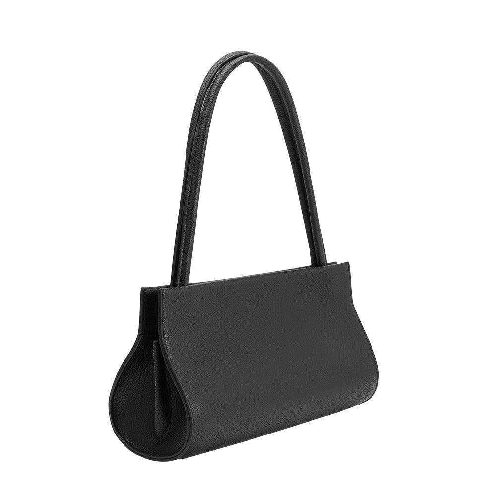 Black handbag with a curved design on a white background