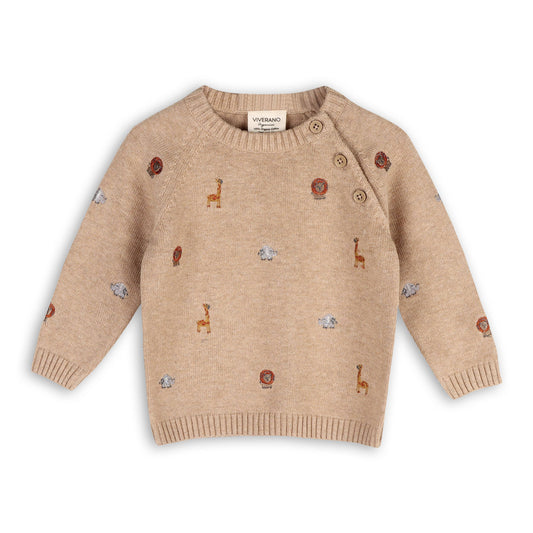 light brown sweater knit raglan sleeve baby pullover, featuring safari animals embroidery