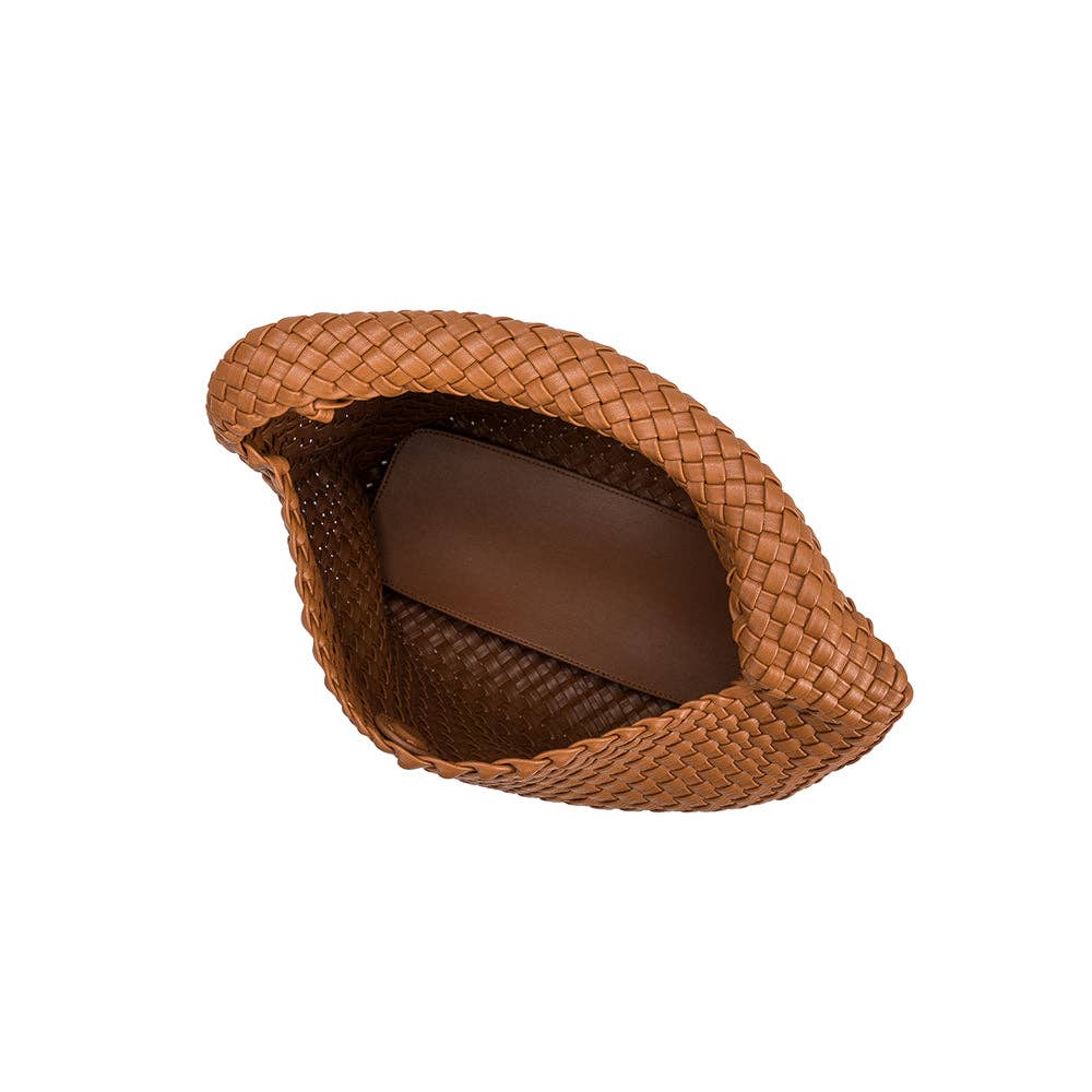 Brown woven leather bag on a white background