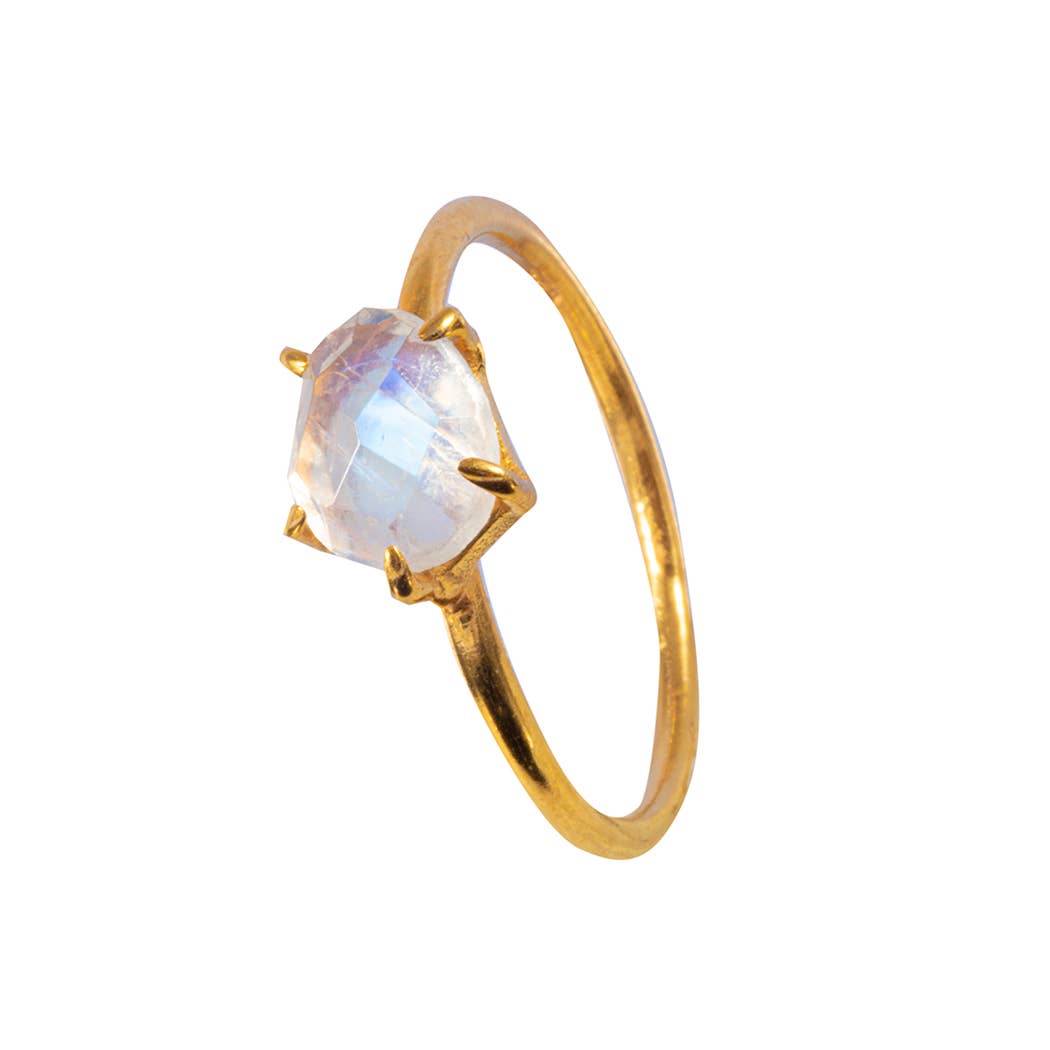 Faceted oval rainbow moonstone in a 5-pronged bezel 18k vermeil ring with white background