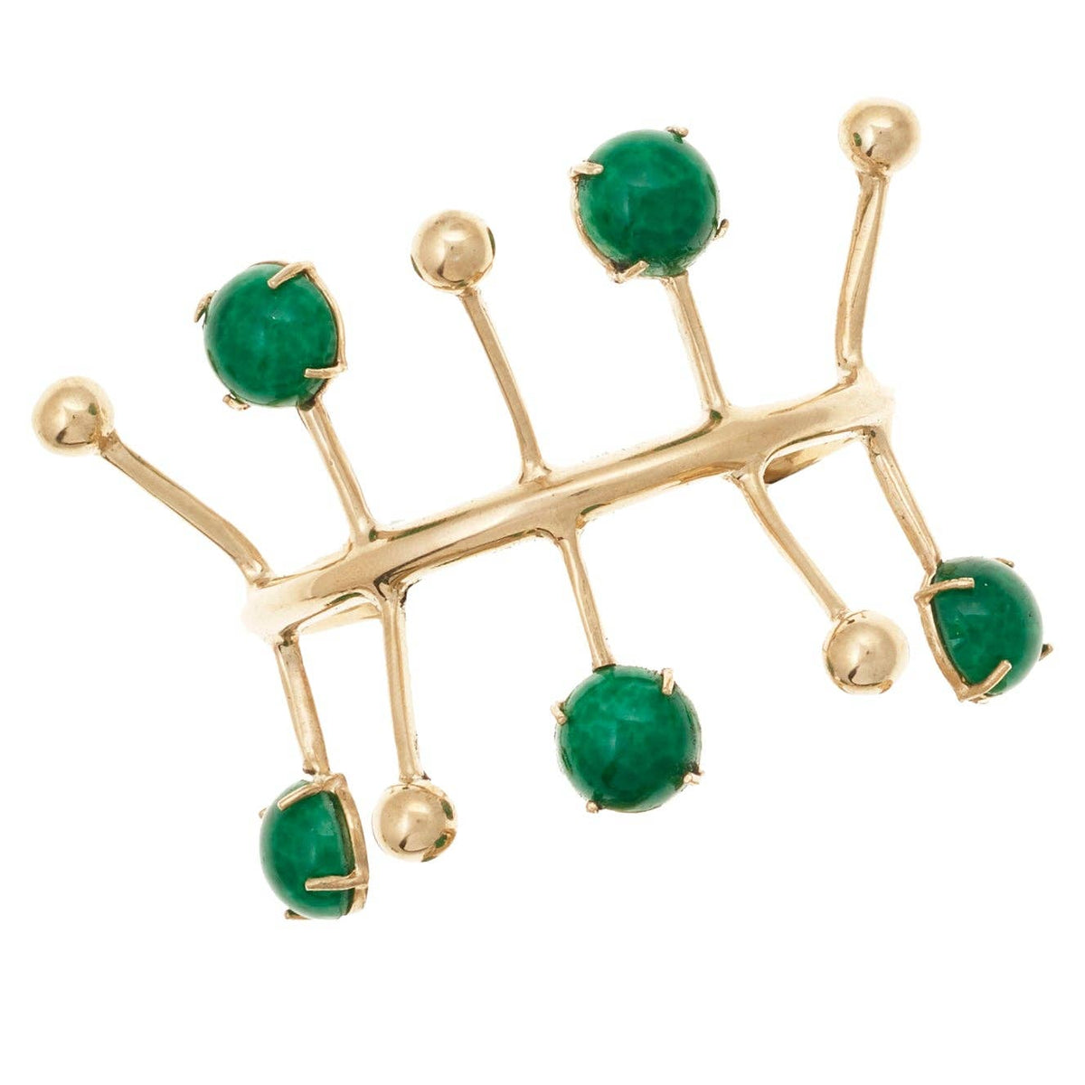 A gold-toned geometric cuff bracelet featuring five emerald color gemstone accents set in gold, displayed on a clean white background.