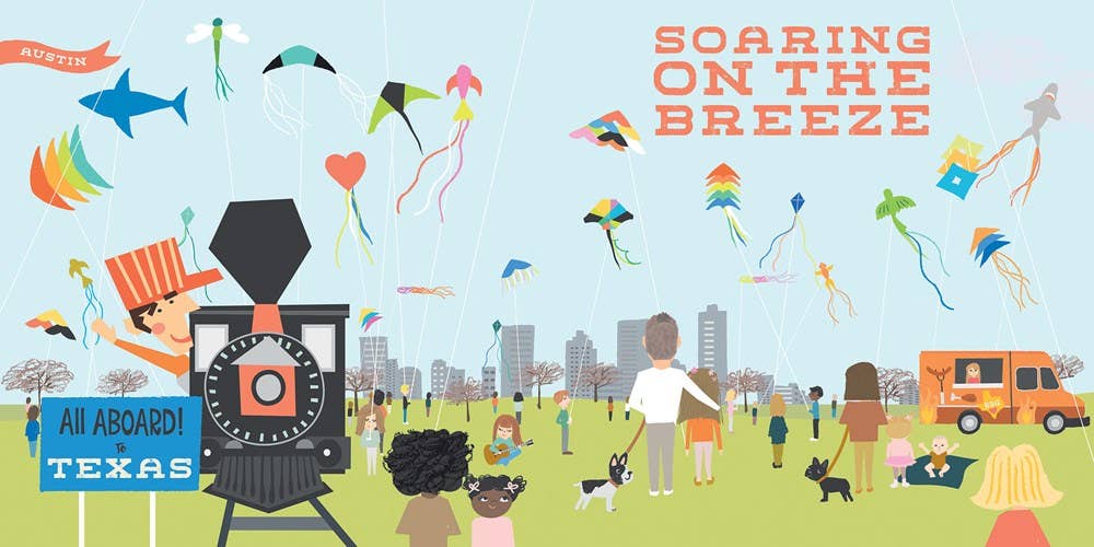 Children's book titled 'All Aboard Texas' with colorful illustrations on a blue background