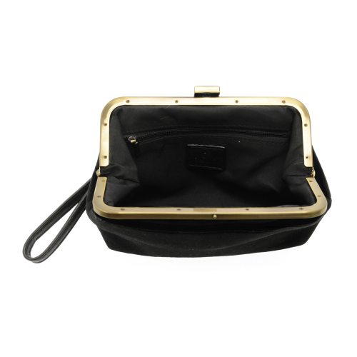 Black handbag with gold frame opened showing inside zipper on a white background