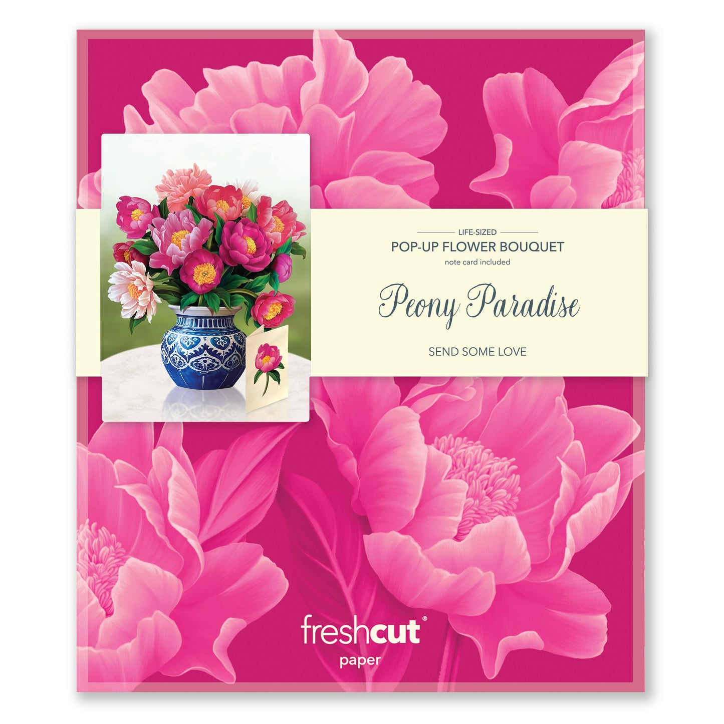 Pop-up flower bouquet card with pink flowers and 'fresh cut' branding on a pink background