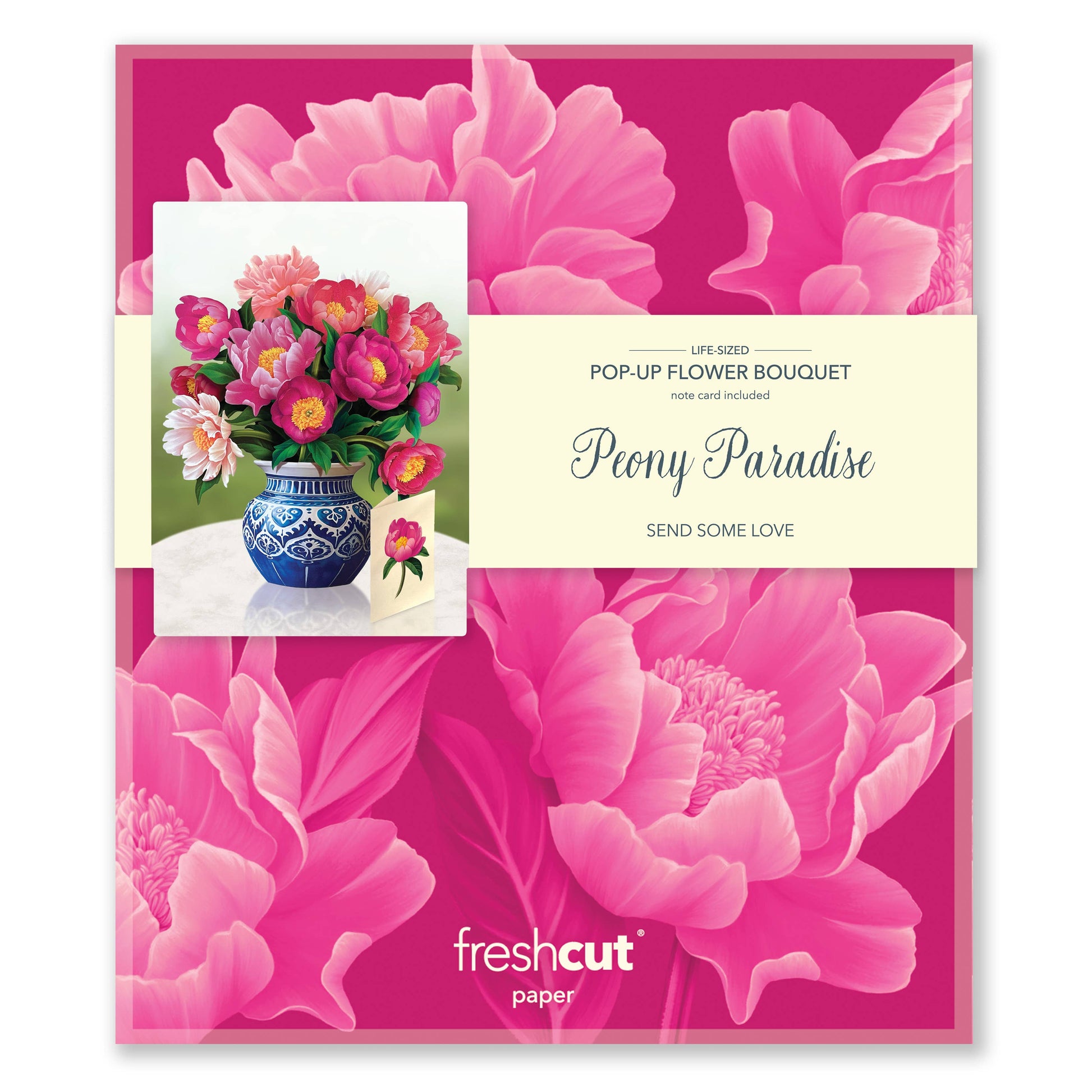 Pop-up flower bouquet card with pink flowers and 'fresh cut' branding on a pink background