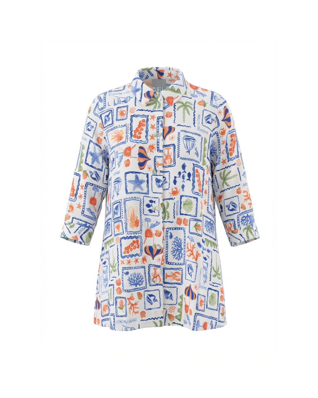 Colorful patterned shirt with long sleeves on a white background