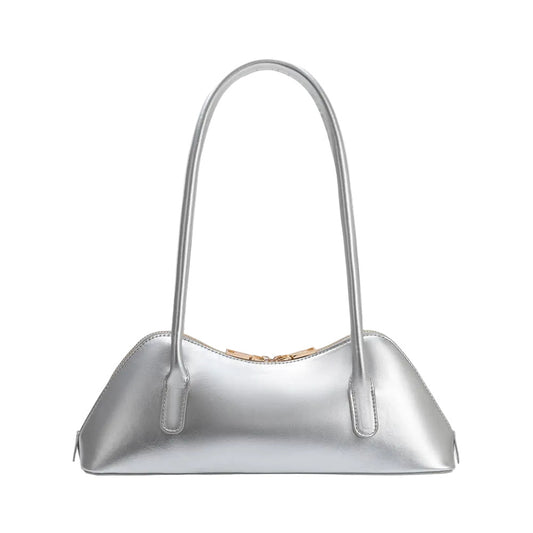 Silver handbag with a minimalist design on a white background
