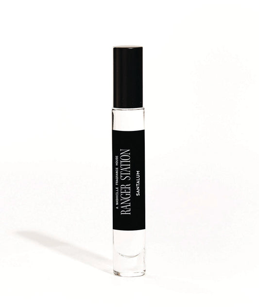 A 10ml bottle of unisex perfume with a black spray top and a label that reads 'RANGER STATION Santalum'.