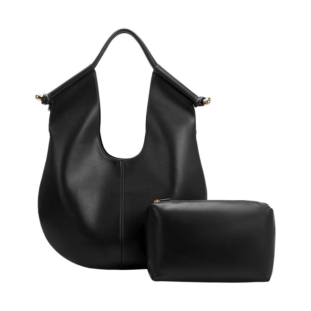 Black leather shoulder bag with knotted design and gold hardware on the handles.