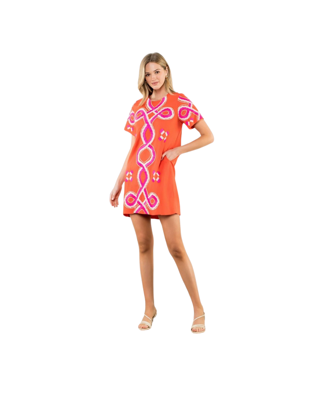 Embroidered Short Sleeve Mini Dress - Orange