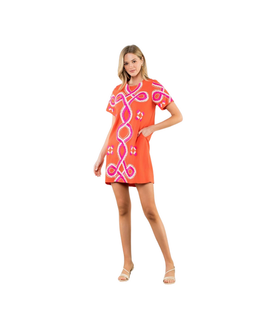 Embroidered Short Sleeve Mini Dress - Orange