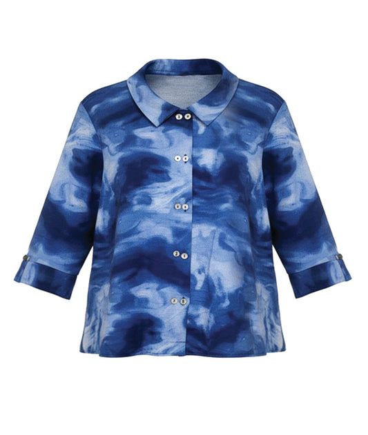 blue swirl print button down blouse with a double button