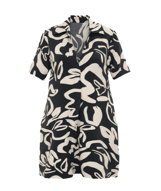 black and ivory floral print pullover knee length shirt dress with short sleeves and a collar