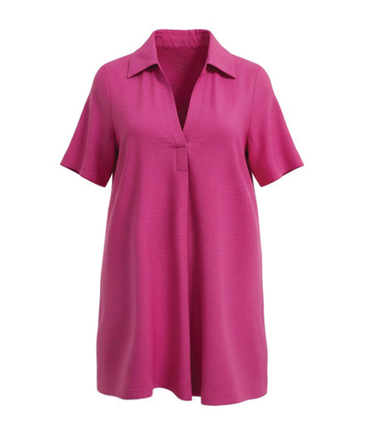 hot pink pullover knee length shirt dress with short sleeves and a collar
