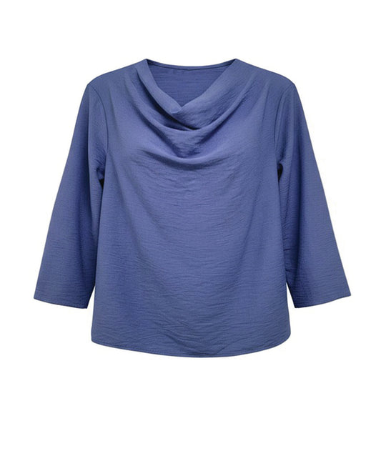 Blue cowl-neck top on a white background