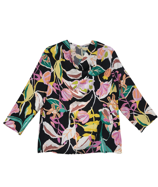 BLACK PULLOVER COWL TOP WITH A MULTI COLOR FLORAL PRINT