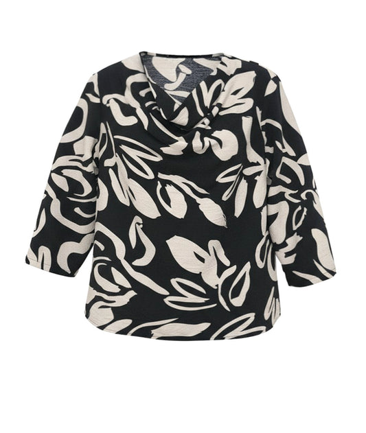 black and ivory floral print cowl-neck top on a white background