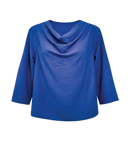 Blue cowl-neck top on a white background