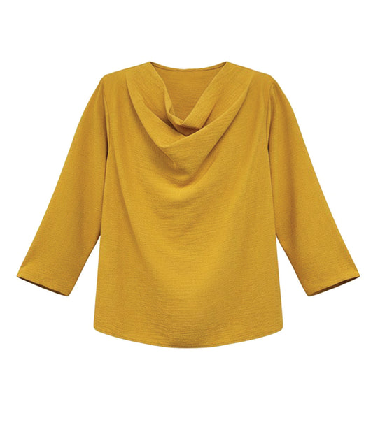 yellow cowl-neck top on a white background