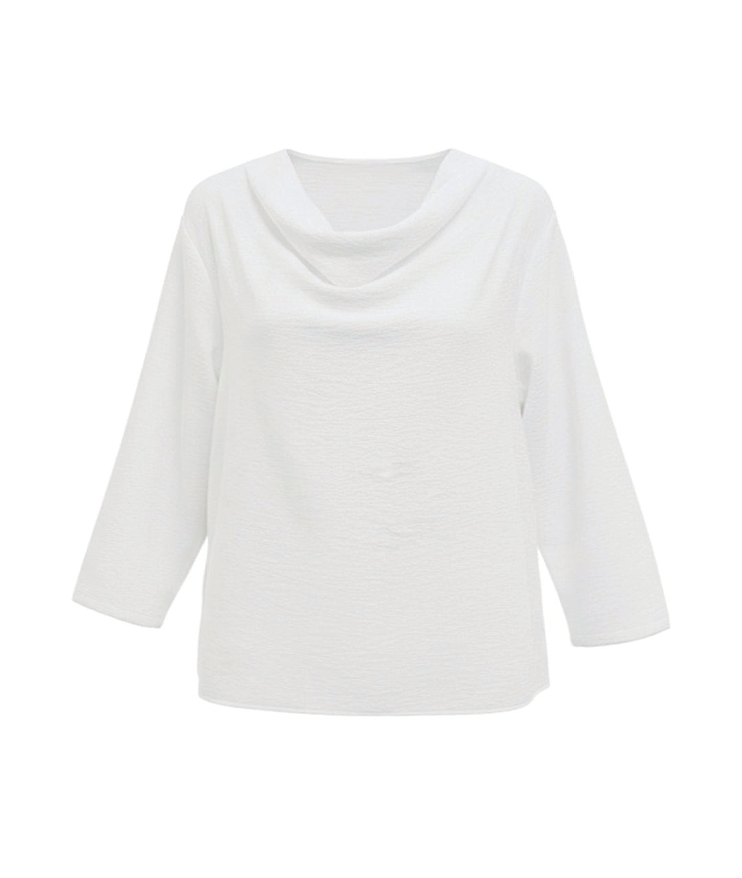 white pullover top with 3/4 sleeves and a cowl neck