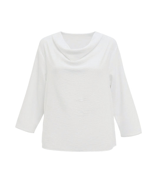 white pullover top with 3/4 sleeves and a cowl neck