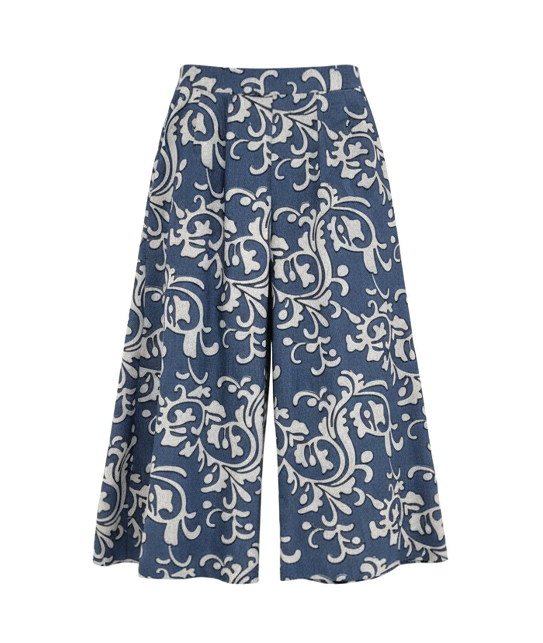 wide leg denim pant with a black and white paisley embroidery