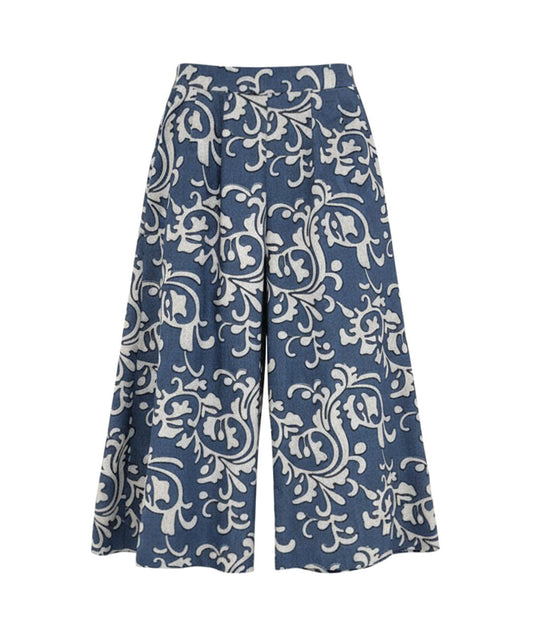 wide leg denim pant with a black and white paisley embroidery