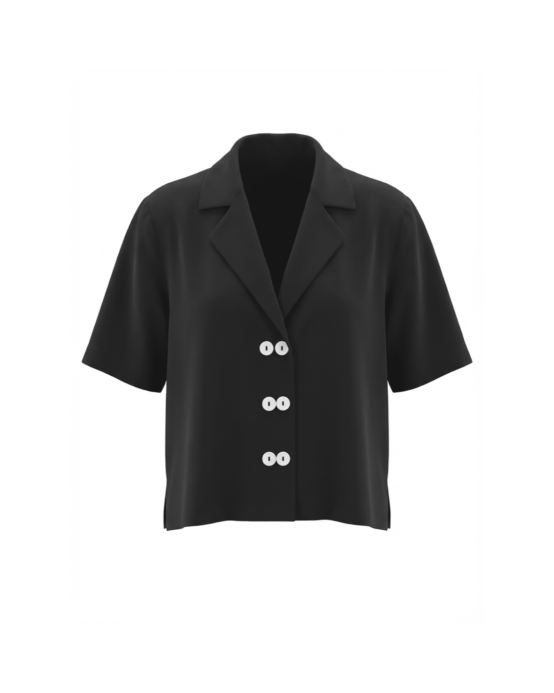 Black short-sleeve blazer with white buttons on a white background