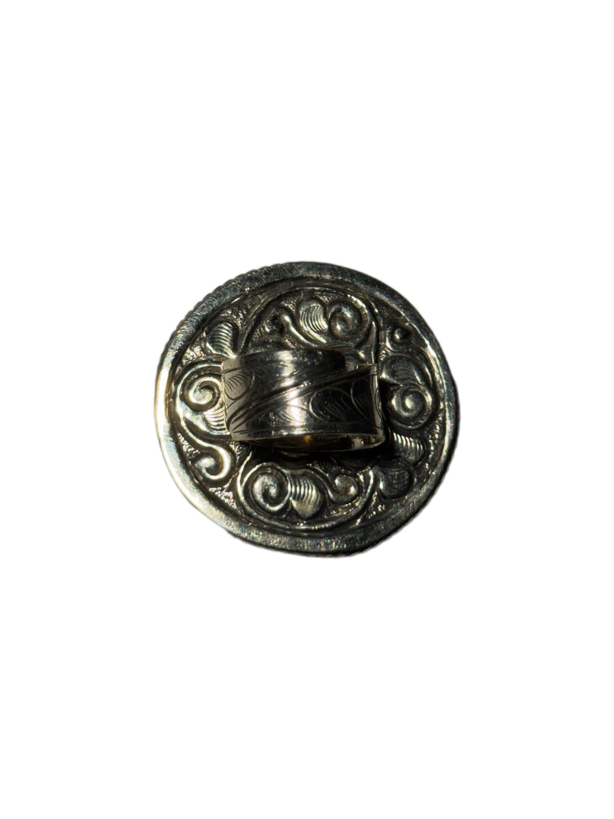 A round silver ring with adjustable feature and carving details shown on a plain white background.