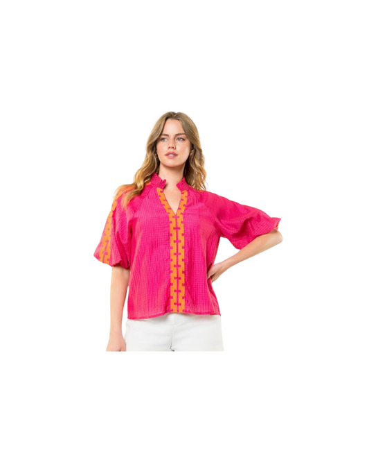 Embroidered Half Sleeve Textured Top - Magenta