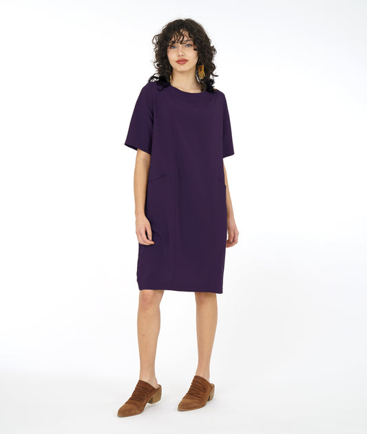 model in an aubergine shift dress with princess seams and pockets set in at the hips