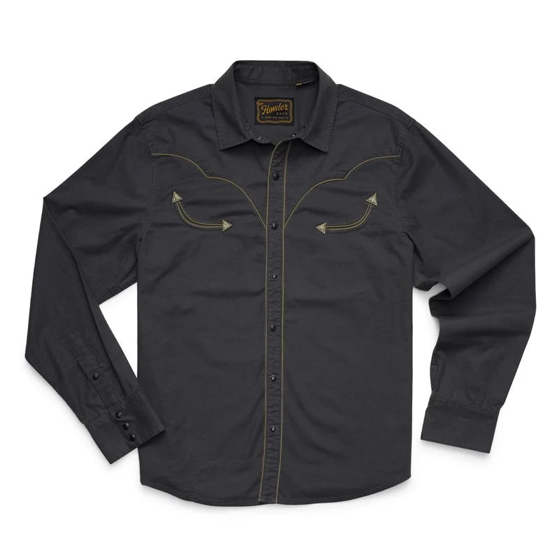 A dark charcoal gray western-style button-down shirt with tan contrast stitching and decorative stitching on the chest, displayed flat against a white background.