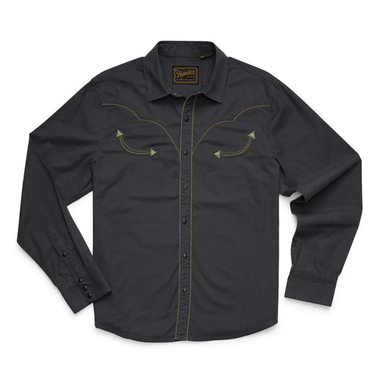 A dark charcoal gray western-style button-down shirt with tan contrast stitching and decorative stitching on the chest, displayed flat against a white background.