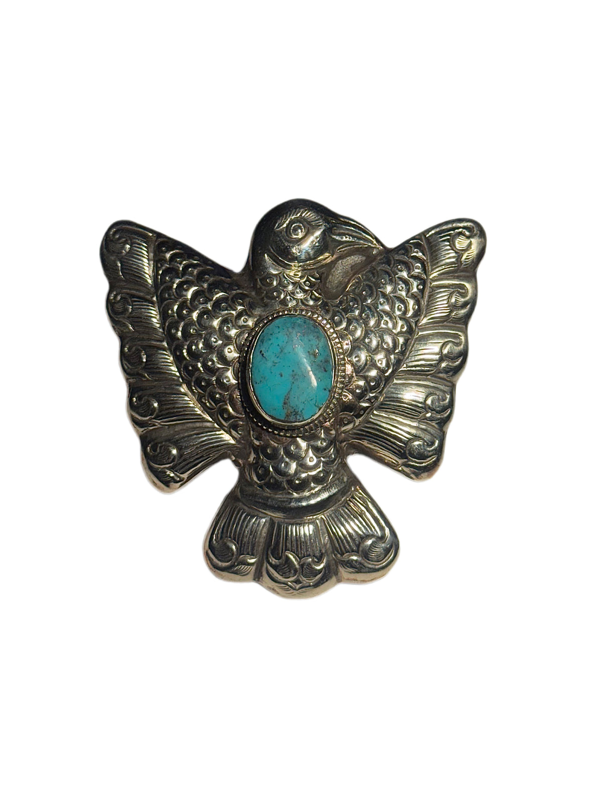 A silver bird ring with an oval turquoise stone set in the center, isolated on a white background.