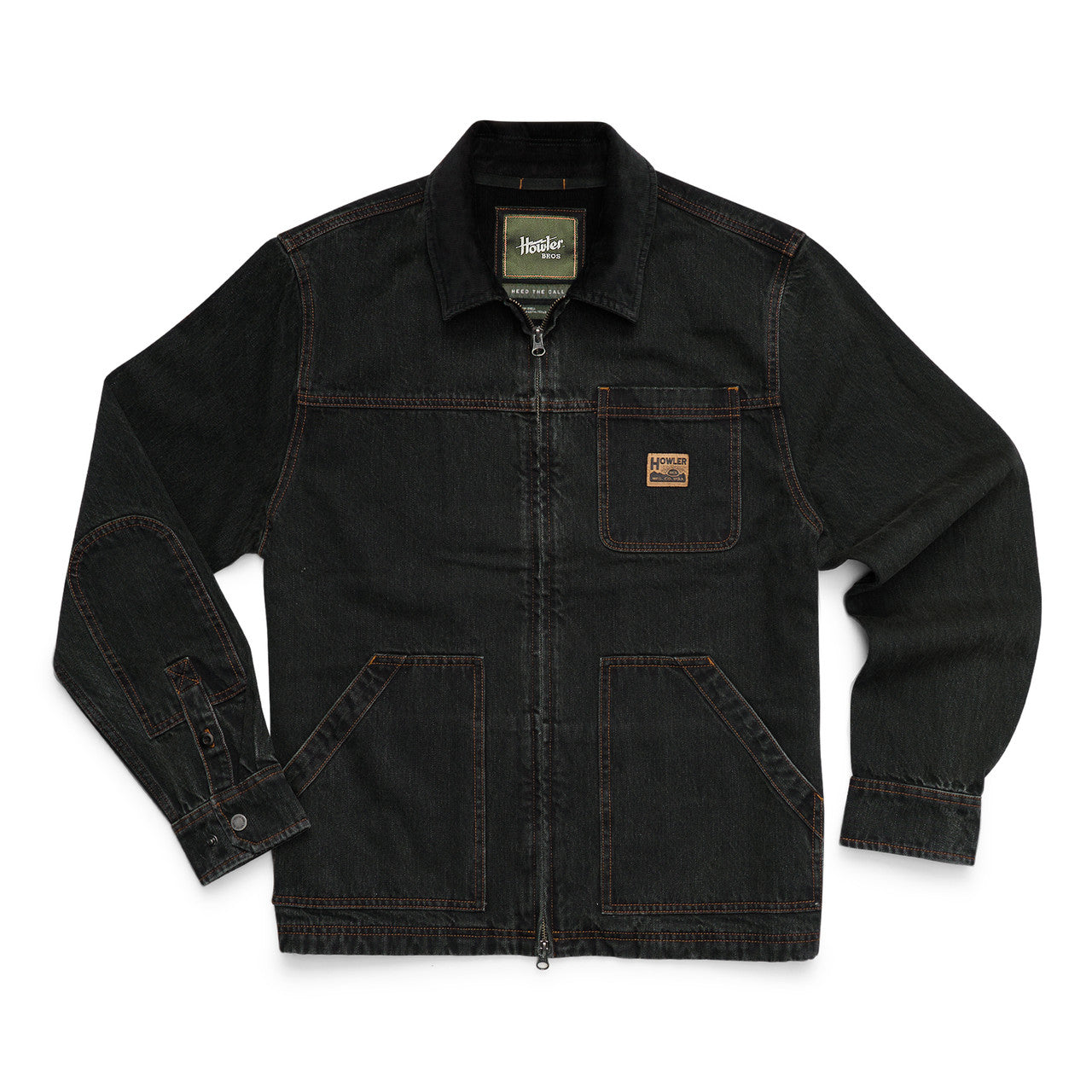 A dark charcoal gray denim work jacket with a full zipper, button cuffs, and a small brown logo patch on the left chest pocket, displayed flat against a white background.