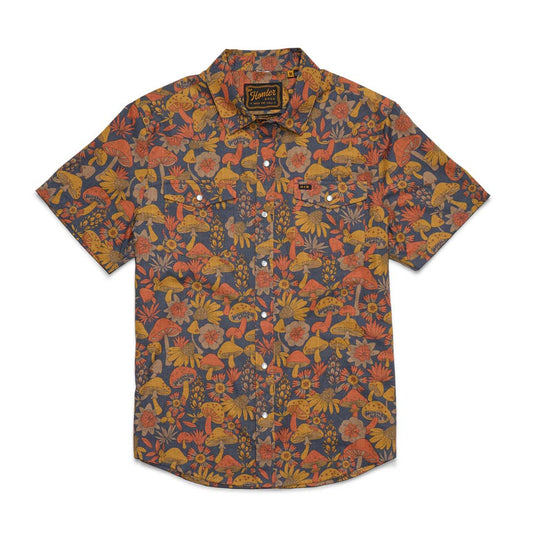 Short-sleeve shirt with a colorful mushroom pattern on a white background