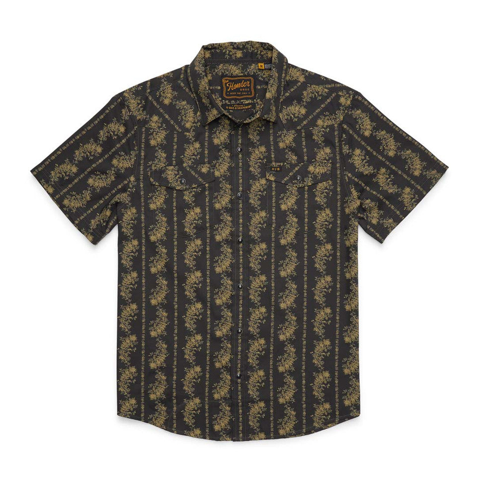 A short-sleeve button-up shirt featuring a dark charcoal gray base with vertical stripes of gold-toned floral motifs, shown flat on a white background.