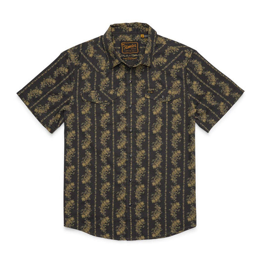 A short-sleeve button-up shirt featuring a dark charcoal gray base with vertical stripes of gold-toned floral motifs, shown flat on a white background.