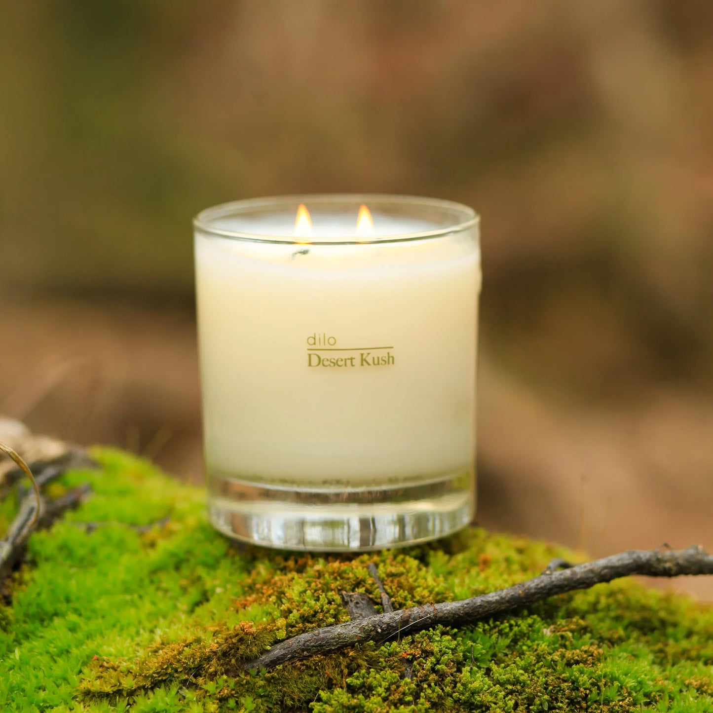 desert kush scented candle on moss