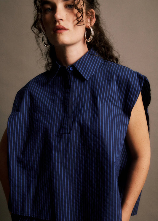 Woman wearing a blue pinstripe sleeveless blouse against a neutral background