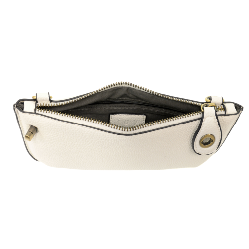 open view of white crossbody clutch