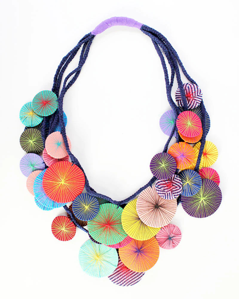 Colorful necklace with circular pendants on a white background